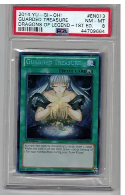 2014 YU-GI-OH 1st Ed. # EN013 Guarded Treasure Dragons Of Legend PSA 8 NM-MT - Image 1