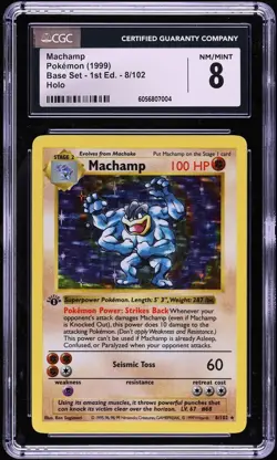 CGC 8 Machamp 1st Edition Shadowless Holo Rare Base Set 1999 Pokemon Card #8 - Image 1