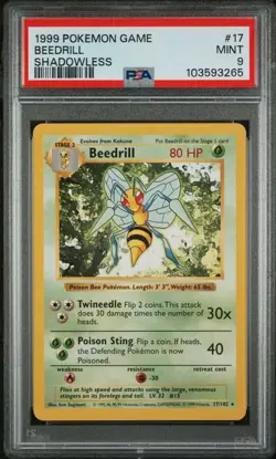 1999 Pokemon Base Set Beedrill Shadowless #17 PSA 9 Mint Free Shipping - Image 1