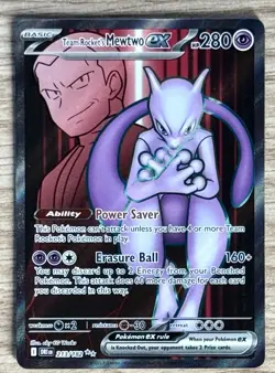 POKÉMON DESTINED RIVALS TEAM ROCKET’S MEWTWO EX FA ULTRA RARE HOLO 213/182 NM+ - Image 1