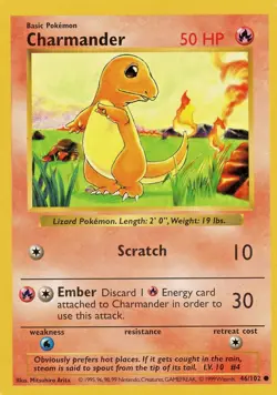 Pokemon TCG Charmander Shadowless Base Set Card #46/102 LP Light Play - Image 1