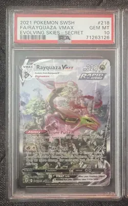 PSA 10 GEM MINT Rayquaza VMAX Alt Art 218/203 Evolving Skies Pokemon 2021 - Image 1