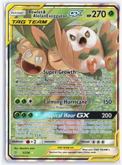 Pokemon Rowlet & Alolan Exeggutor GX 1/236 Tag Team Unified Minds NM Holo - Image 1