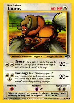 Pokemon Tauros 47/64 Jungle Set Uncommon Non-Holo 1999 Trading Card - Image 1
