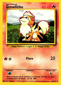 Pokemon Growlithe 28/102 Base Set Uncommon Non-Holo 1999 Trading Card - Image 1