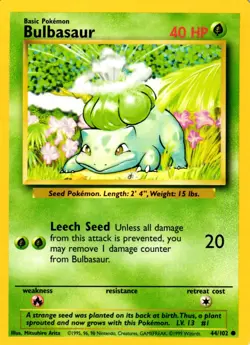 Pokemon Bulbasaur 44/102 Base Set Common Non-Holo 1999 Trading Card - Image 1