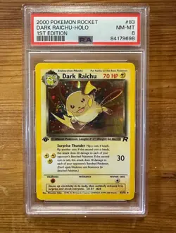 1999 Pokemon Rocket Dark Raichu 1st edition holo with swirl PSA 8 - Image 1