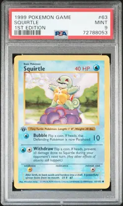 Pokemon PSA 9 MINT Squirtle 1st Edition Shadowless Base Set 1999 Card 63/102 - Image 1