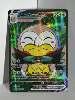 Pokemon TCG Rowlet Poncho Pikachu VCOS Cosplay Custom Full Art Shiny Holo Card - Image 1