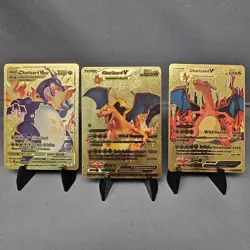 Pokémon Gold Charizard Card Set of 3 – Collector Display Metal Lot – VMAX, V - Image 1