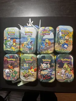 2021 Pokemon Celebrations Complete 8 Mini Tin Set w/ Card Art And Coins - Image 1