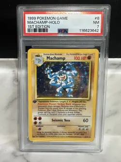 PokÃ©mon TCG Machamp Base Set Holo Card 8/102 1st Edition PSA 7 - Image 1