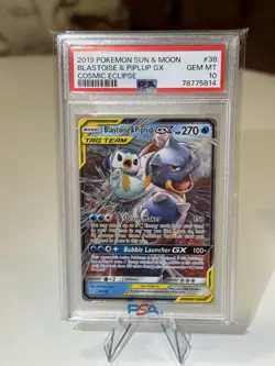 2019 POKEMON SUN & MOON COSMIC ECLIPSE #38 BLASTOISE & PIPLUP GX PSA 10 - Image 1