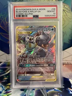 2019 POKEMON SUN & MOON COSMIC ECLIPSE #38 BLASTOISE & PIPLUP GX PSA 10 - Image 1