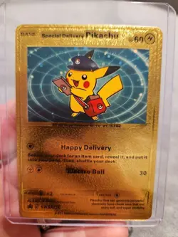Special Delivery Pikachu Gold Foil Fan Art Vinyl Textured Collector Pokemon Card - Image 1