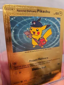 Special Delivery Pikachu Gold Foil Fan Art Vinyl Textured Collector Pokemon Card - Image 3