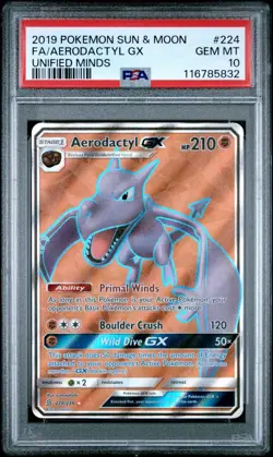 PSA 10 GEM MINT Aerodactyl GX 224/236 Unified Minds Ultra Rare Full Art Pokemon - Image 1
