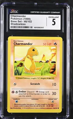 CGC 5 Charmander 1999 Base Set (Shadowless) 46/102 Pokemon Card psa - Image 3