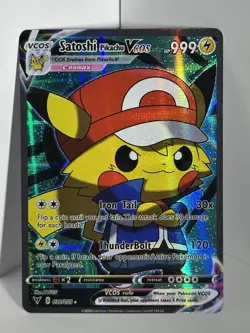Pokemon TCG Satoshi Poncho Pikachu VCOS Cosplay Custom Full Art Shiny Holo Card - Image 1