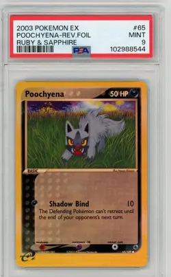PSA 9 MINT Poochyena EX Ruby & Sapphire 65/109 Reverse Holo Pokemon Card - Image 1