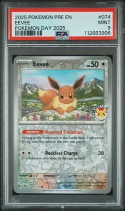 Pokemon Card PSA 9 EEVEE Reverse Holo #074 Prismatic Evolutions Pokemon Day 2025 - Image 1