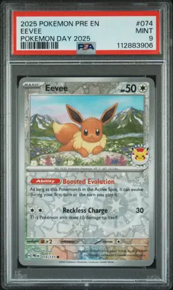 Pokemon Card PSA 9 EEVEE Reverse Holo #074 Prismatic Evolutions Pokemon Day 2025 - Image 4