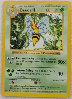 1999 Beedrill #17 Base Set Shadowless Regular Pokemon Card Rare - Image 1