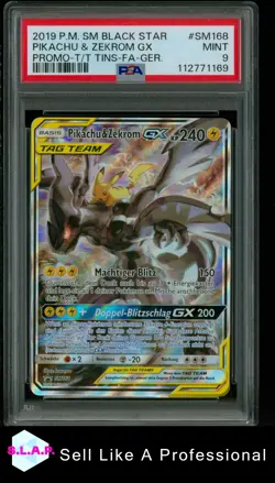 PIKACHU & ZEKROM GX PRM-T/T TINS-FA-GER POKEMON SM BLCK STR PRM 2019 SM168 PSA 9 - Image 1