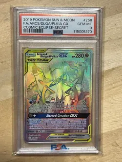 2019 POKEMON SUN MOON COSMIC ECLIPSE 258 FA ARCEUS & DIALGA PALKIA GX PSA 10 GEM - Image 1
