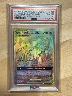 2019 POKEMON SUN MOON COSMIC ECLIPSE 258 FA ARCEUS & DIALGA PALKIA GX PSA 10 GEM - Image 3