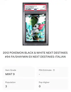 POKEMON PSA 9 SHAYMIN EX FULL ART 94/99 FUTURE DESTINIES ITALIAN 2012 POP 3!🌎 - Image 8