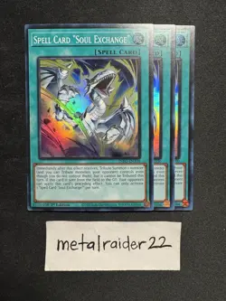 Yugioh 3x Spell Card "Soul Exchange" INFO-EN100 SR Near Mint 1st Edition - Image 1