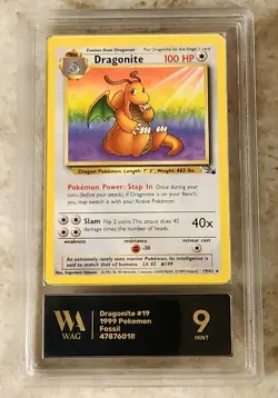 WAG Slab Mint 9 Pokemon TCG Dragonite 19/62 Fossil Non-Holo Rare Card - Image 1