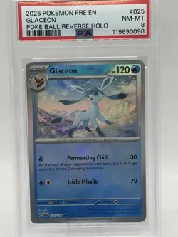 PSA 8 Glaceon 025/131 Pokemon Prismatic Evolutions Poke Ball Reverse Holo 2025 - Image 1