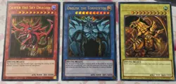 YUGIOH! EGYPTIAN GOD CARDS! OBELISK + SLIFER + RA - Near mint HOLO SET - LC01 - Image 1