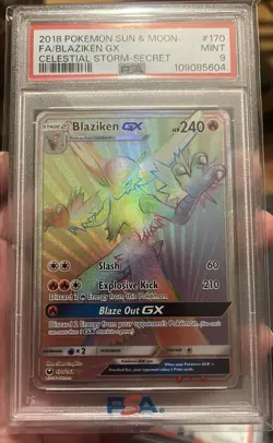Blaziken GX 170/168 Celestial Storm 'Secret Rainbow Rare' Pokemon Card PSA 9 - Image 1