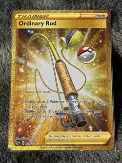 Ordinary Rod 215/202 Sword & Shield Base Set Gold Secret Rare Pokemon Card M/NM - Image 1