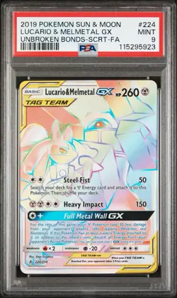 2019 Pokemon Lucario & Melmetal GX 224/214 Secret Rare Unbroken Bonds PSA 9 MINT - Image 1
