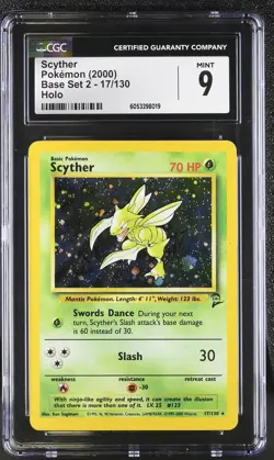 CGC 9 MINT Scyther 2000 Base Set 2 17/130 Holo Pokemon Card psa - Image 1