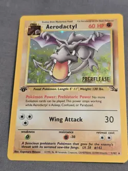 1st Edition Aerodactyl 1/62 PRERELEASE Gold Stamp Fossil Holo 1999 Pokemon Card - Image 1