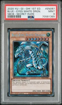YuGiOh Blue-Eyes White Dragon SBCB-EN087 Secret Rare 1st Edition PSA 9 Mint - Image 1
