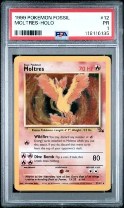 PSA 1 PR 1999 Pokemon Fossil Moltres Holo 12/62 Holo Foil Pop 40 - Image 1
