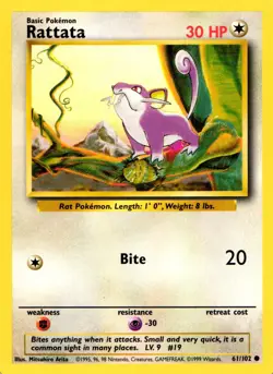 Pokemon Rattata 61/102 Base Set Common Non-Holo 1999 Trading Card - Image 1