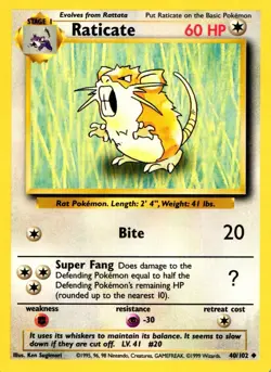 Pokemon Raticate 40/102 Base Set Uncommon Non-Holo 1999 Trading Card - Image 1