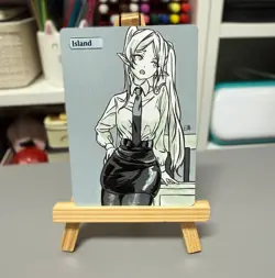 Hand Painted Altered Art Mtg land card Anime Island Girl Elf - Image 1