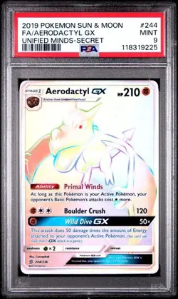 FA / AERODACTYL GX Secret Rare 2019 Pokemon SM Unified Minds #244 PSA 9 Mint *bt - Image 3