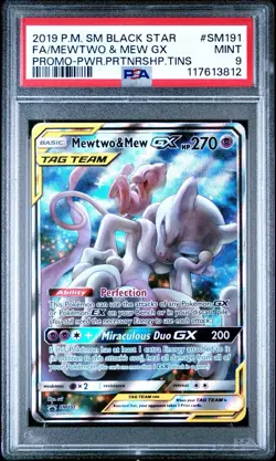 PokÃ©mon TCG Black Star Promo Mewtwo & Mew GX SM191 Card PSA 9 Mint Full Art - Image 1