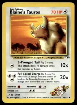 Blaine's Tauros 64/132 Pokemon Card Gym Heroes Common 70 HP Lightly Played CX - Image 1