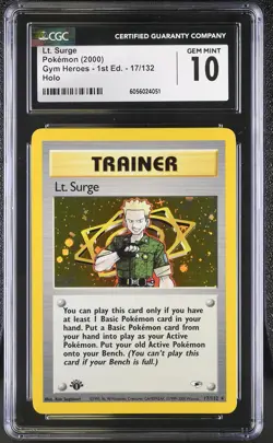 CGC 10 GEM MINT Lt. Surge Gym Heroes 1st Edition 17/132 Holo Pokemon Card - Image 1