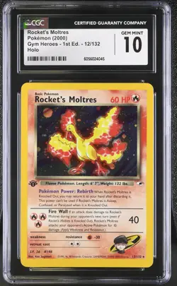 CGC 10 Rocket's Moltres Gym Heroes 1st Edition 12/132 Holo Pokemon Card - Image 1